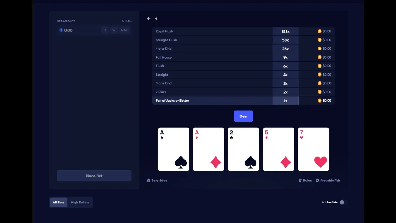 Paytable and five cards