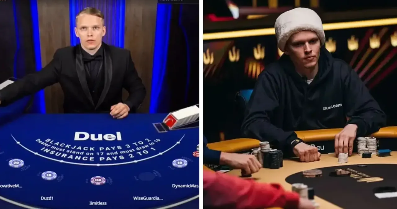 Ossi Ketola dealing at the Duel blackjack table, and playing a poker table in a Duel.com hoodie