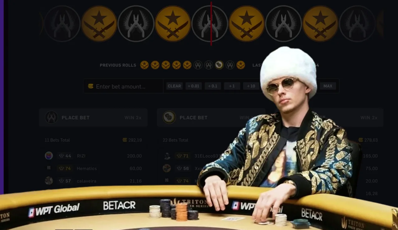 Ossi Ketola at a Triton poker table, over the skin betting interface of the site he founded at eighteen