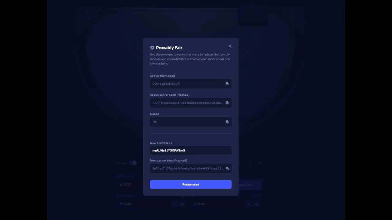 Duel Blackjack provably fair panel with client seed, hashed server seed and nonce