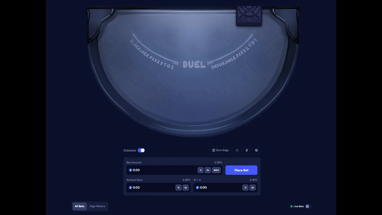 Duel Blackjack with side bets enabled, showing separate fields for Perfect Pairs and 21+3 alongside the main bet
