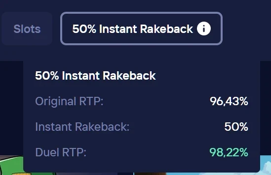 Duel game tile tooltip reading 50% Instant Rakeback, original RTP 96.43%, instant rakeback 50%, Duel RTP 98.22%