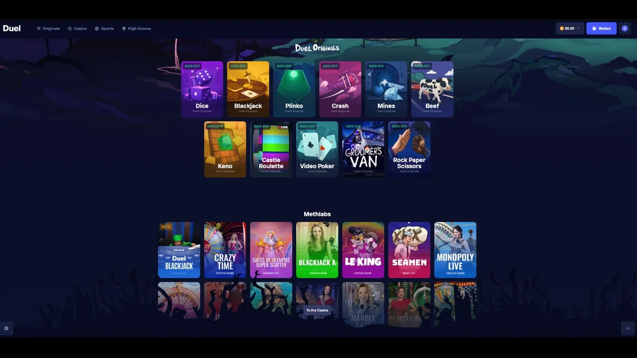 Duel Originals lobby with a 100% RTP badge on Dice, Blackjack, Plinko, Crash, Mines, Beef, Keno, Castle Roulette, Video Poker and Groomers Van