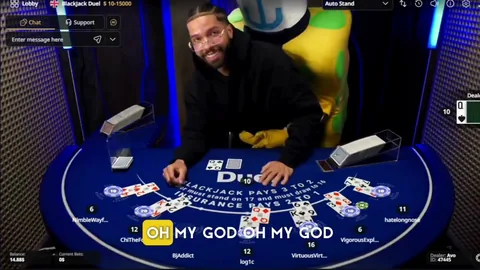 Drake at the Duel blackjack table with FreakBob behind him